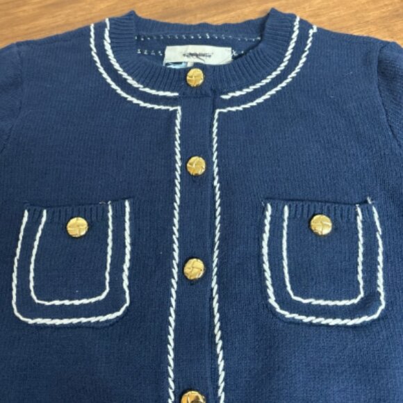 ANN TAYLOR LOFT NAVY WHITE TOPSTITCH CARDIGAN GOLD BUTTON SWEATER $99 S - Picture 7 of 7